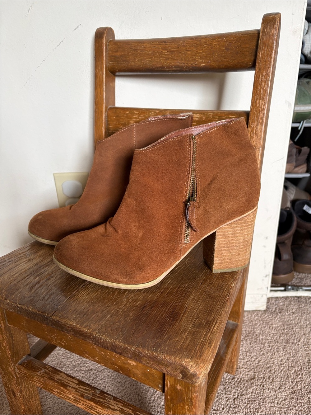 Ecote Chestnut Brown Suede Ankle Booties with Stacked Heel